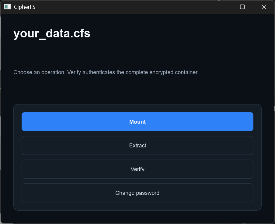 CipherFS 容器操作選單，包含 Mount、Extract、Verify 與 Change password