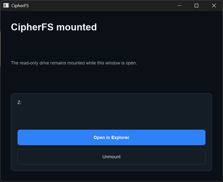 CipherFS 已掛載容器的視窗，可開啟 Explorer 或卸載