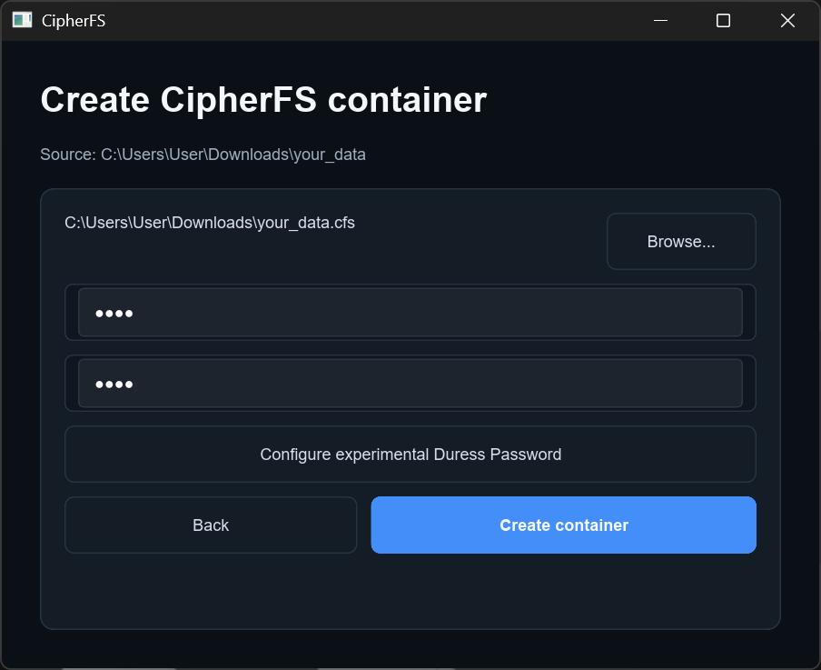 CipherFS 建立加密容器的 Windows 視窗